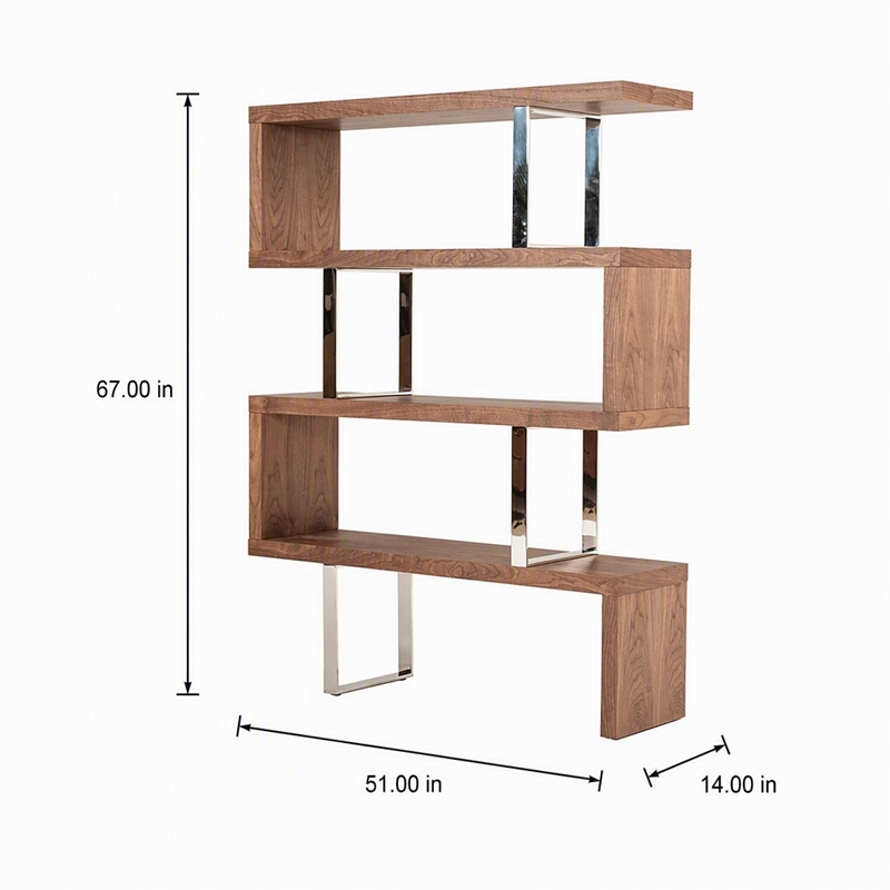 Pemberly Row Modern Wood & Stainless Steel Bookcase in Walnut Finish