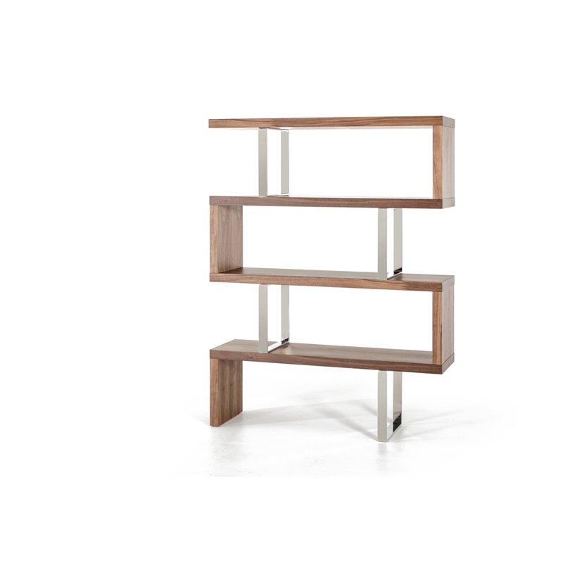 Pemberly Row Modern Wood & Stainless Steel Bookcase in Walnut Finish