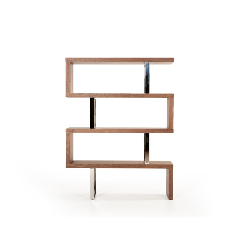Pemberly Row Modern Wood & Stainless Steel Bookcase in Walnut Finish