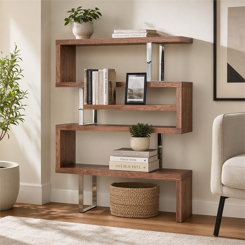 Pemberly Row Modern Wood & Stainless Steel Bookcase in Walnut Finish