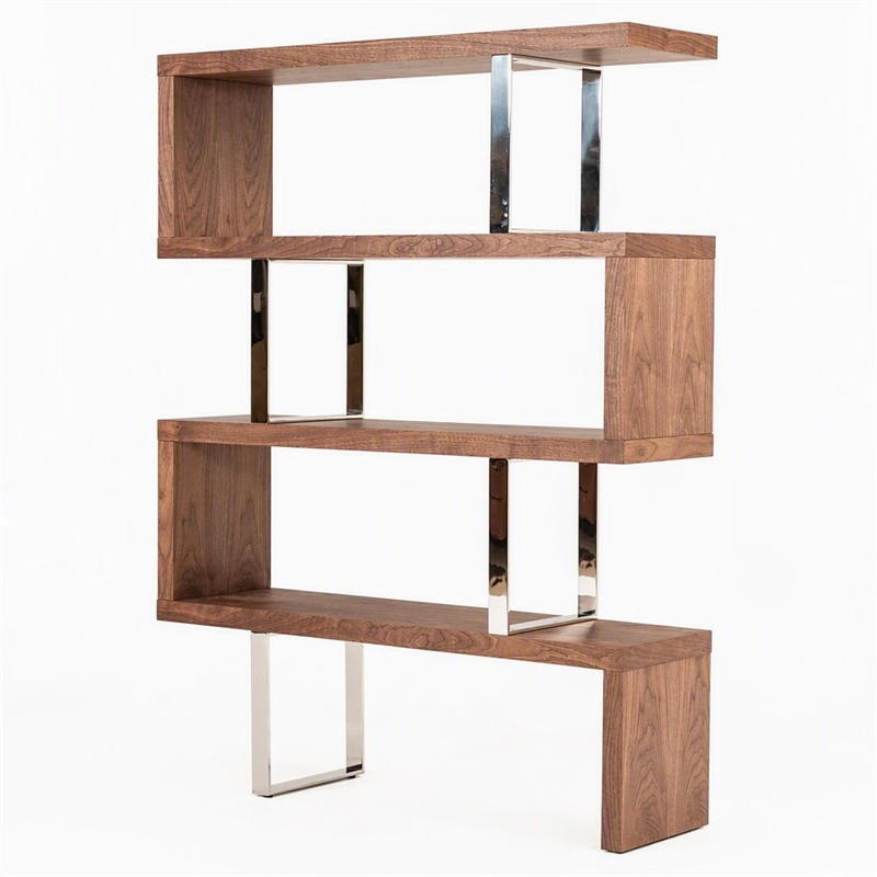 Pemberly Row Modern Wood & Stainless Steel Bookcase in Walnut Finish