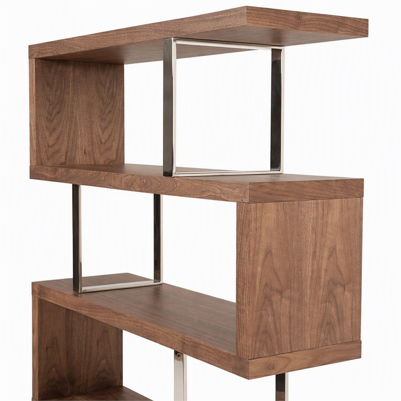 Pemberly Row Modern Wood & Stainless Steel Bookcase in Walnut Finish