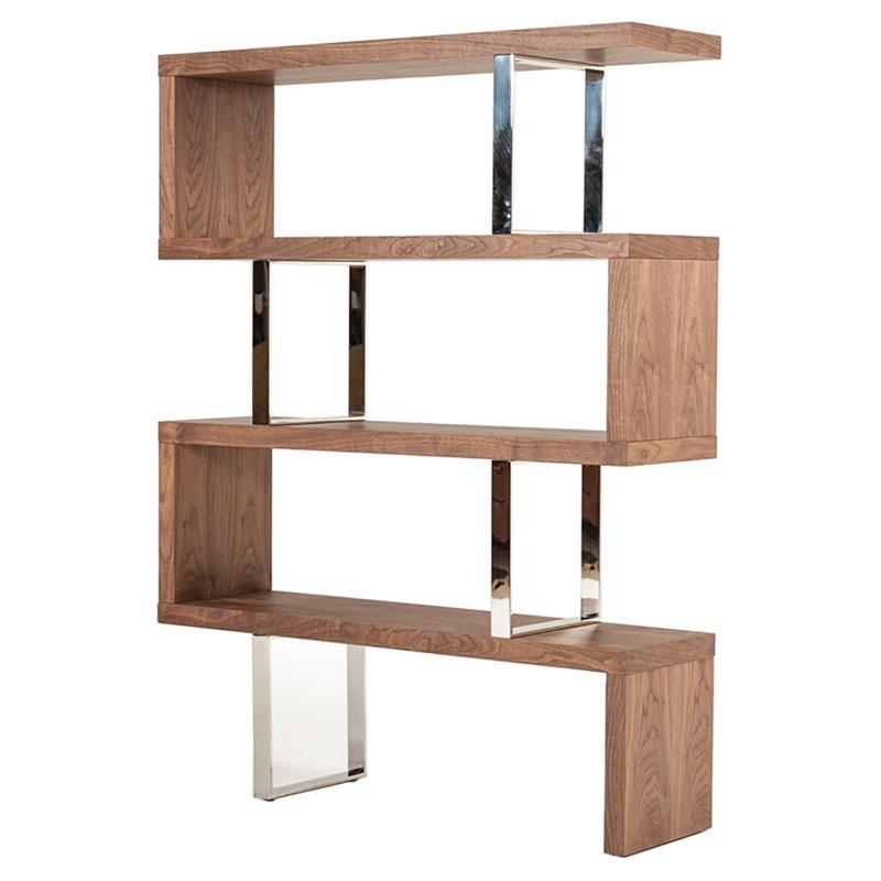 Pemberly Row Modern Wood & Stainless Steel Bookcase in Walnut Finish