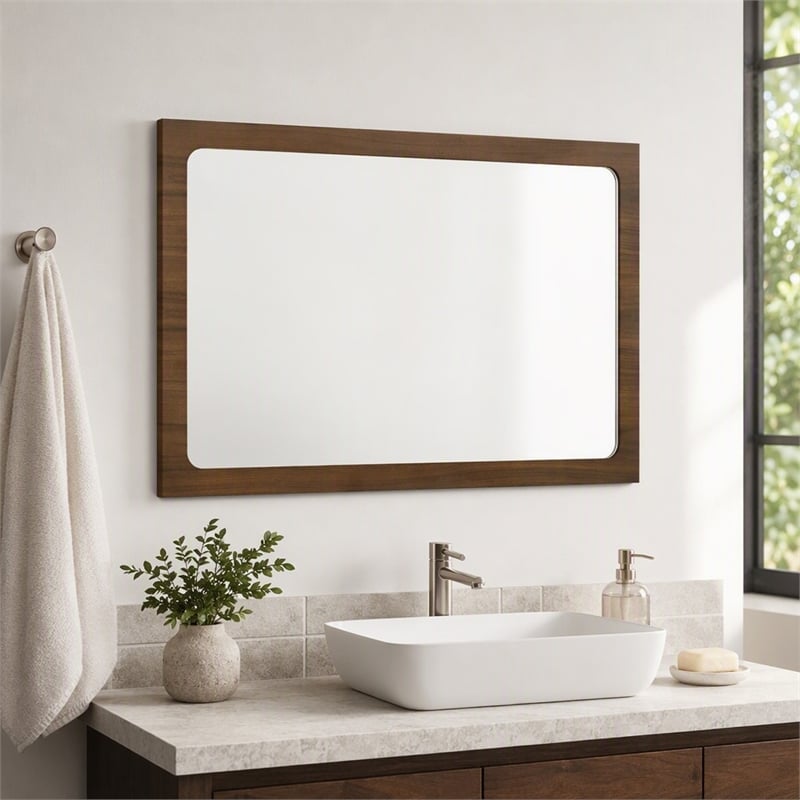 Pemberly Row Modern Rectangular Walnut Mirror in Rubberwood Veneer