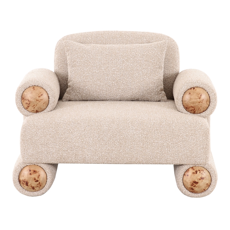 Pemberly Row Modern Beige Fabric Accent Chair with White Burl Veneer