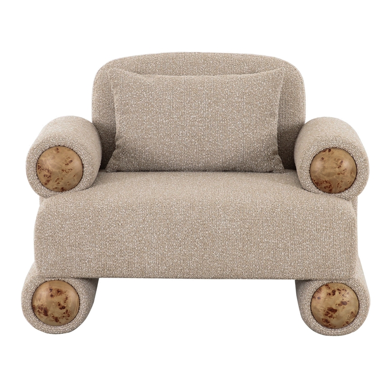 Pemberly Row Modern Beige Fabric Accent Chair with White Burl Veneer