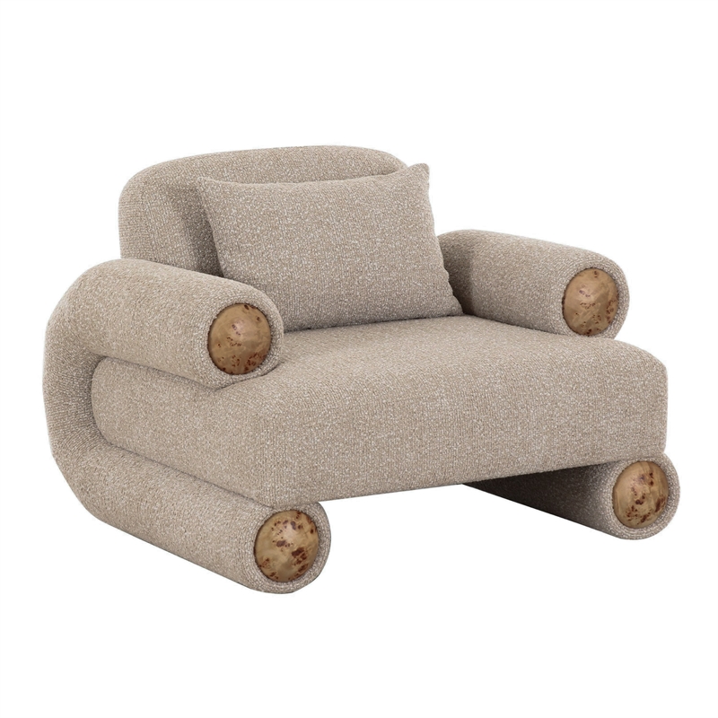 Pemberly Row Modern Beige Fabric Accent Chair with White Burl Veneer