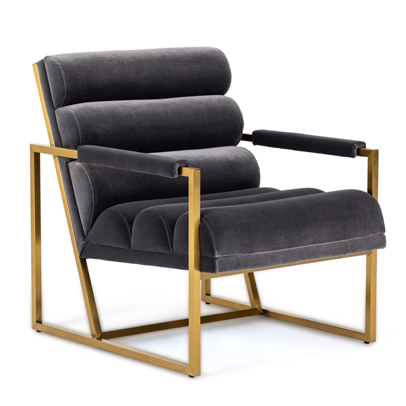 Pemberly Row Modern Grey Velvet Accent Chair with Brass Legs