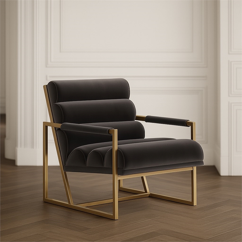 Pemberly Row Modern Grey Velvet Accent Chair with Brass Legs