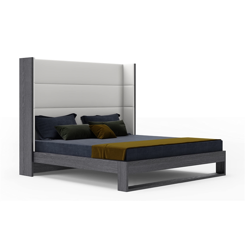 Pemberly Row Heloise Contemporary Vegan Leather King Bed in White and Grey