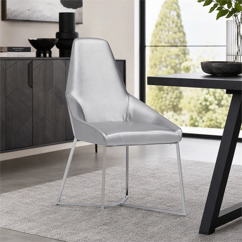 Pemberly Row Modern Stainless Steel Faux Leather Dining Chair in Gray