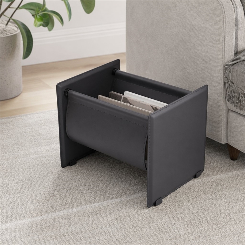 Pemberly Row Modern Stainless Steel Saddle Leather Magazine Rack in Gray