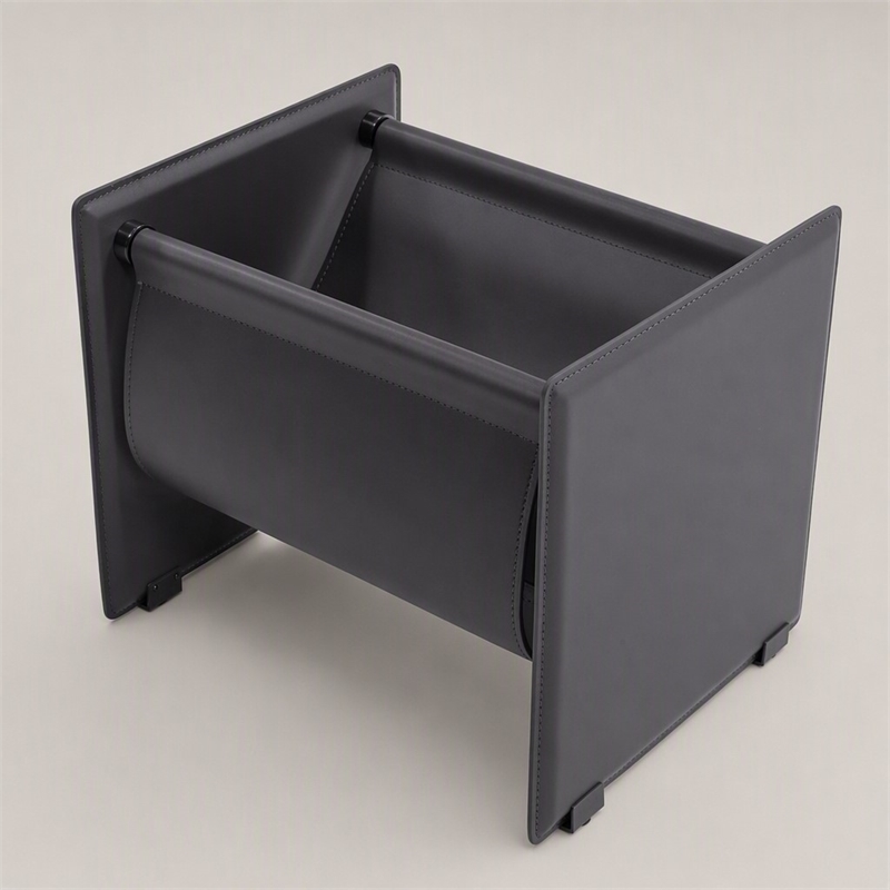 Pemberly Row Modern Stainless Steel Saddle Leather Magazine Rack in Gray