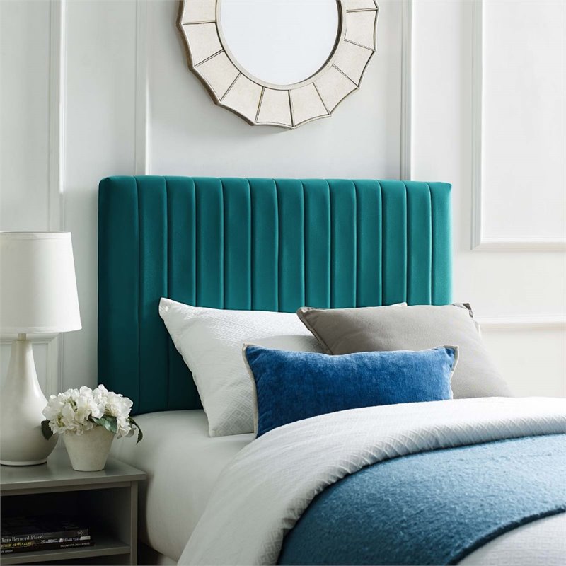 Pemberly Row Velvet Upholstered Twin Headboard with Channel Tufting in Teal