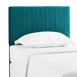 Pemberly Row Velvet Upholstered Twin Headboard with Channel Tufting in Teal