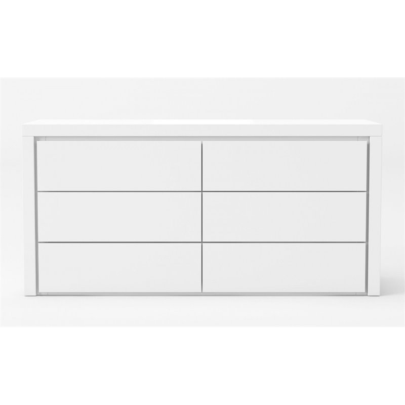 Pemberly Row Modern 6-Drawer MDF Dresser in White High-Gloss Finish