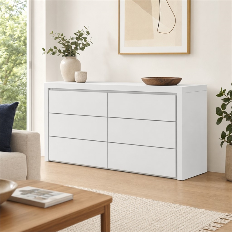Pemberly Row Modern 6-Drawer MDF Dresser in White High-Gloss Finish