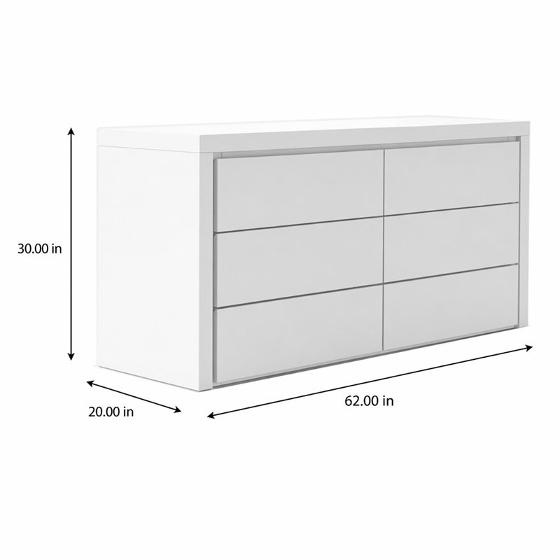 Pemberly Row Modern 6-Drawer MDF Dresser in White High-Gloss Finish