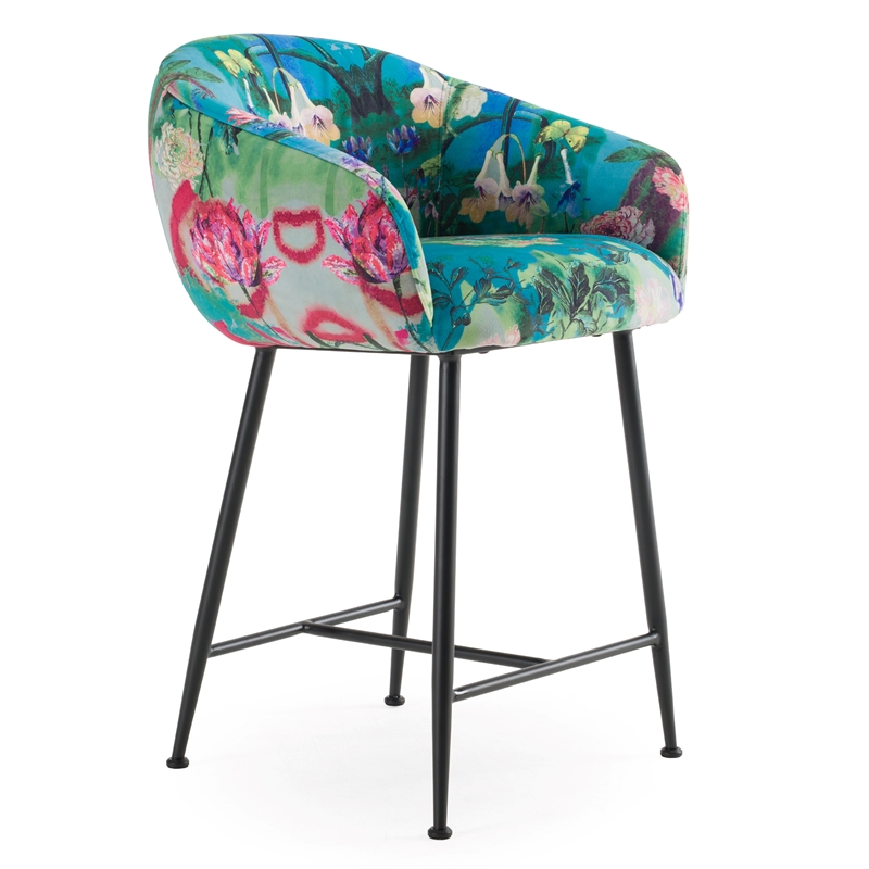 Pemberly Row Modern Blue Velvet Counter Stool with Metal Frame