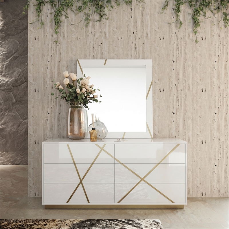 Pemberly Row Modern White Mirror with Champagne Gold Accents