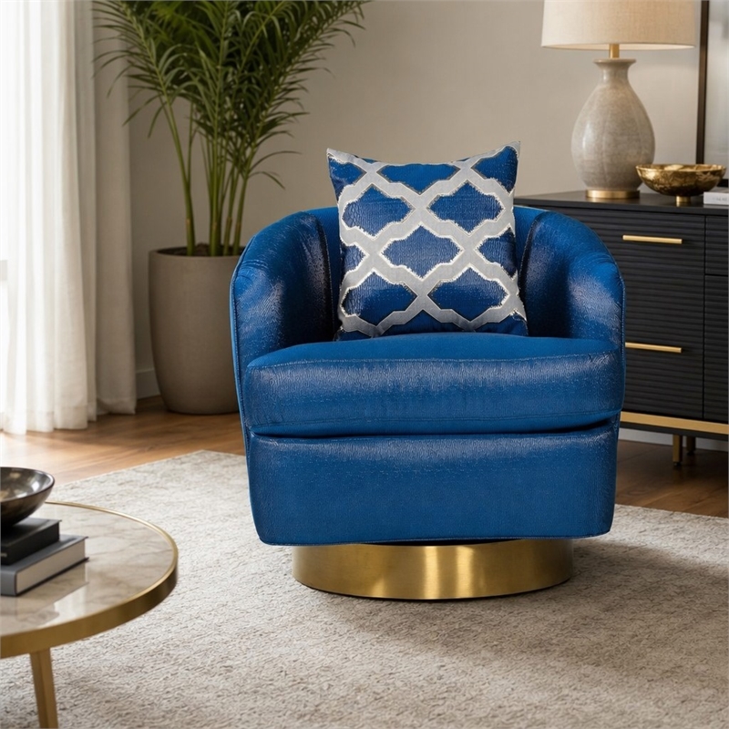 Pemberly Row Glam Fabric Accent Chair in Blue with Swivel Gold Base