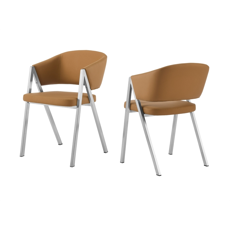 Pemberly Row Modern Camel Vegan Leather Dining Chair Set with Metal Legs