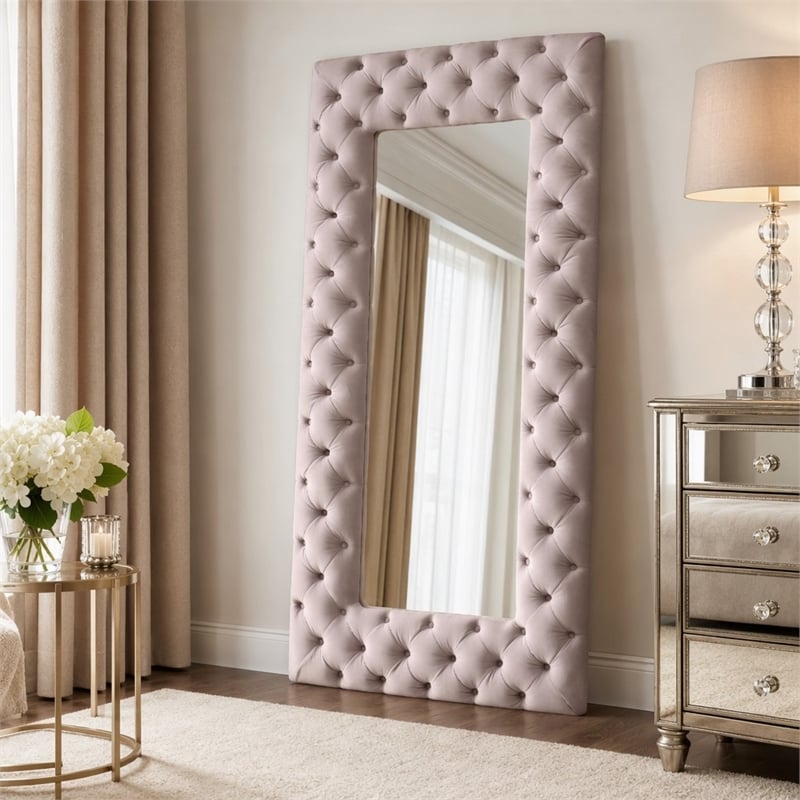Pemberly Row Transitional Gray Velvet Floor Mirror with Diamond Tufting