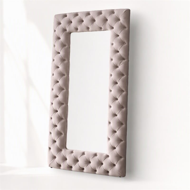 Pemberly Row Transitional Gray Velvet Floor Mirror with Diamond Tufting
