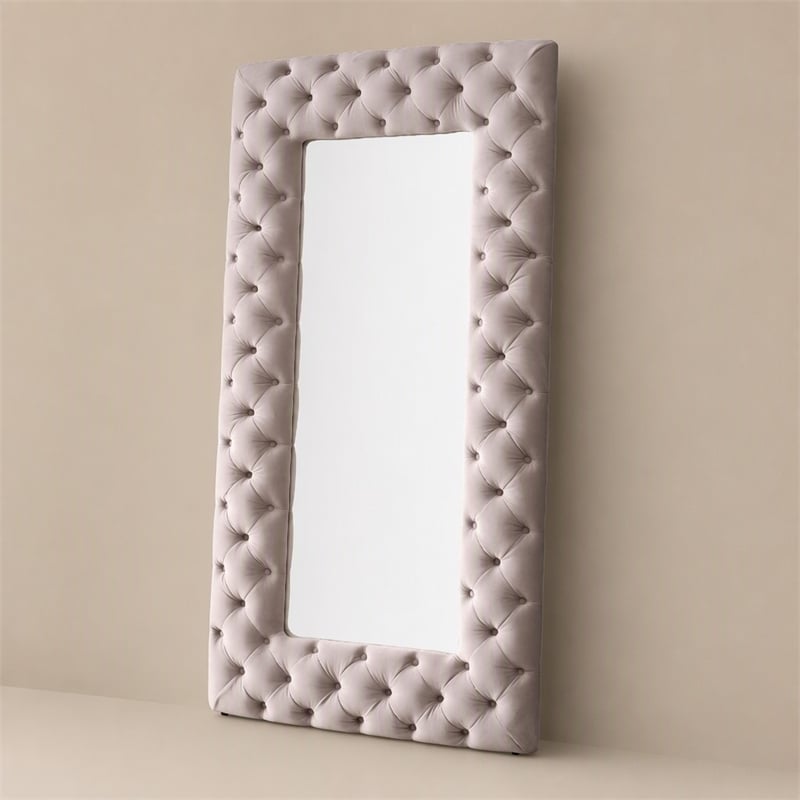 Pemberly Row Transitional Gray Velvet Floor Mirror with Diamond Tufting
