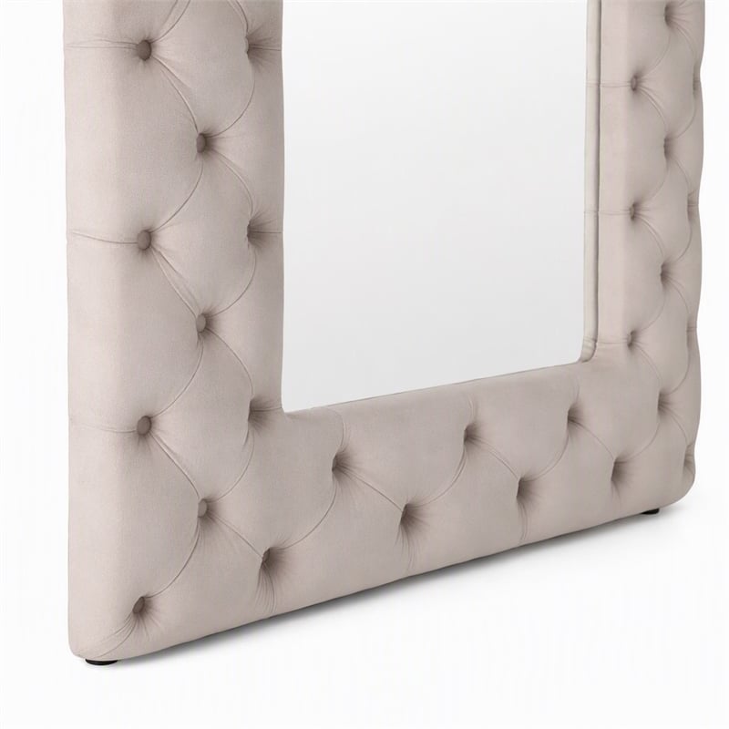 Pemberly Row Transitional Gray Velvet Floor Mirror with Diamond Tufting