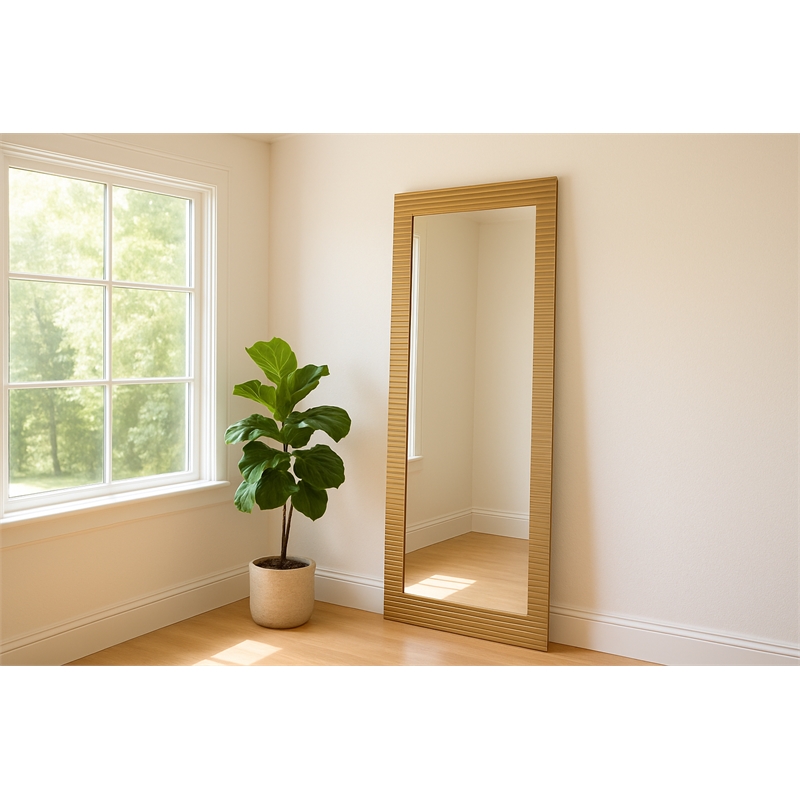 Pemberly Row Brushed Brass Floor Mirror with Wood Frame