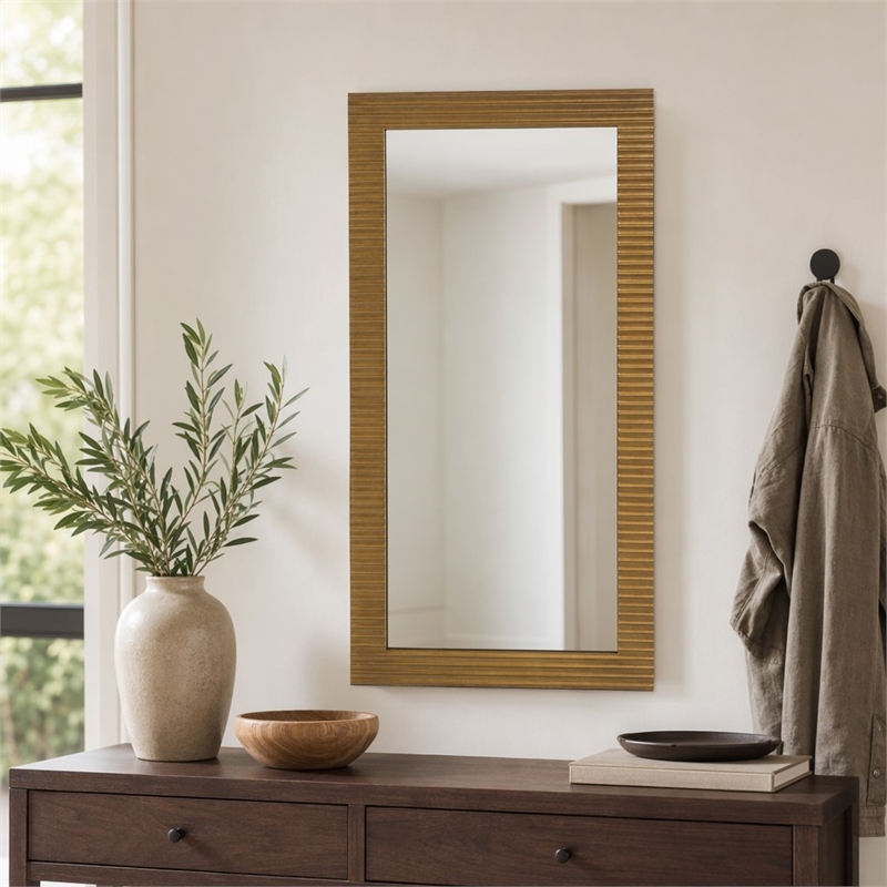 Pemberly Row Brushed Brass Floor Mirror with Wood Frame