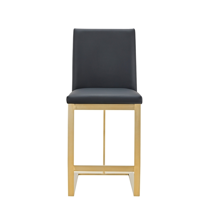 Pemberly Row Modern Dark Grey Vegan Leather Counter Stool with Brass Legs