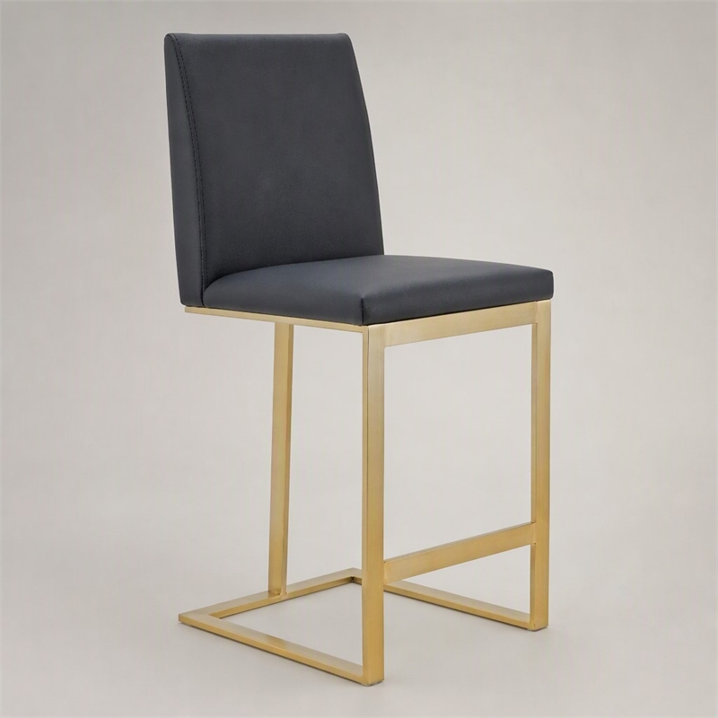 Pemberly Row Modern Dark Grey Vegan Leather Counter Stool with Brass Legs
