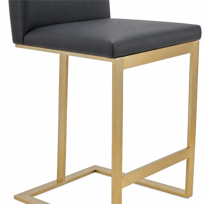 Pemberly Row Modern Dark Grey Vegan Leather Counter Stool with Brass Legs