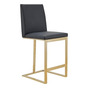 Pemberly Row Modern Dark Grey Vegan Leather Counter Stool with Brass Legs