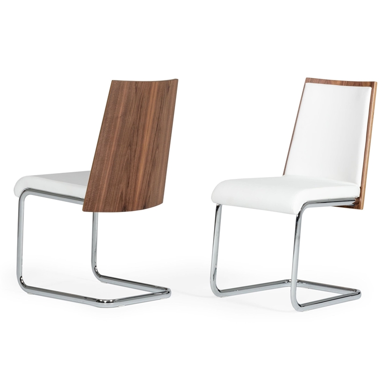 Pemberly Row Modern Dining Chair Set in White Leatherette & Walnut (2)