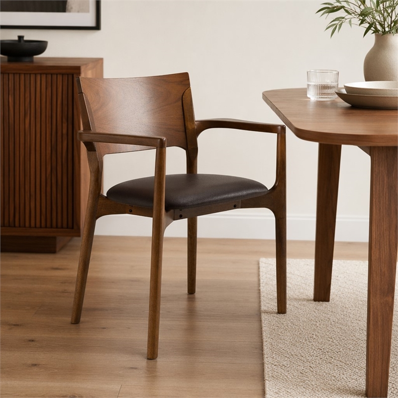 Pemberly Row Mid-Century Brown Leatherette Dining Arm Chair