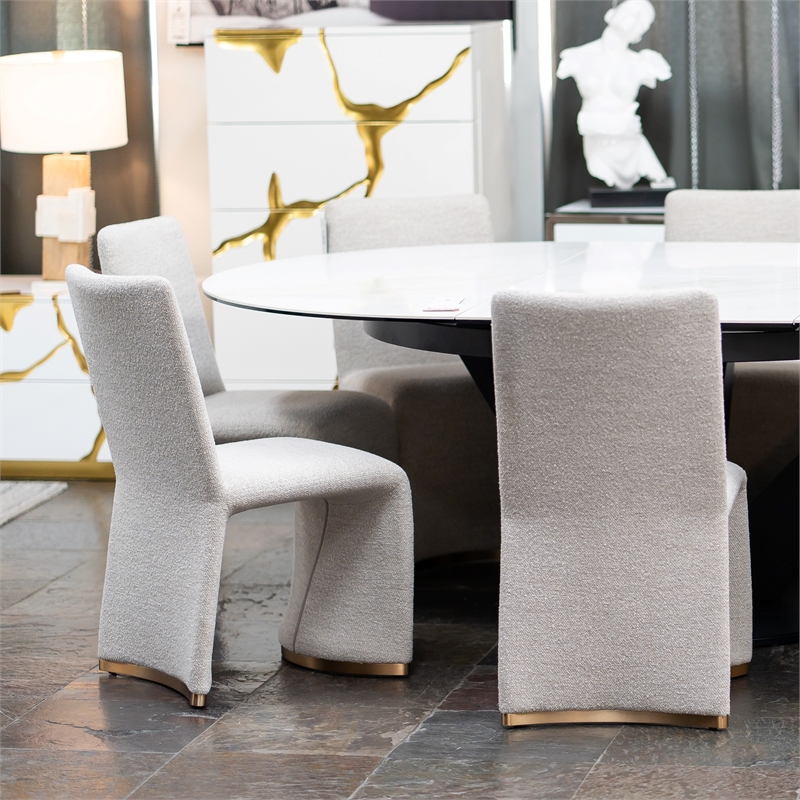 Pemberly Row Set of 2 Grey Dining Chairs with Boucle Fabric and Gold Legs