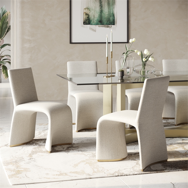 Pemberly Row Set of 2 Grey Dining Chairs with Boucle Fabric and Gold Legs