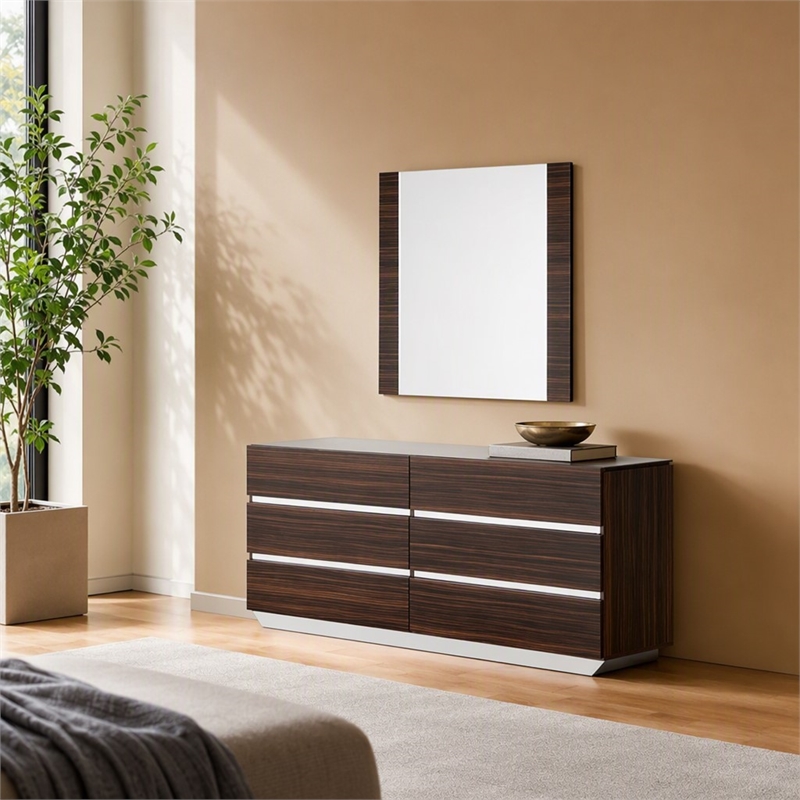 Pemberly Row Italian Modern Ebony Mirror in High Gloss Veneer Finish