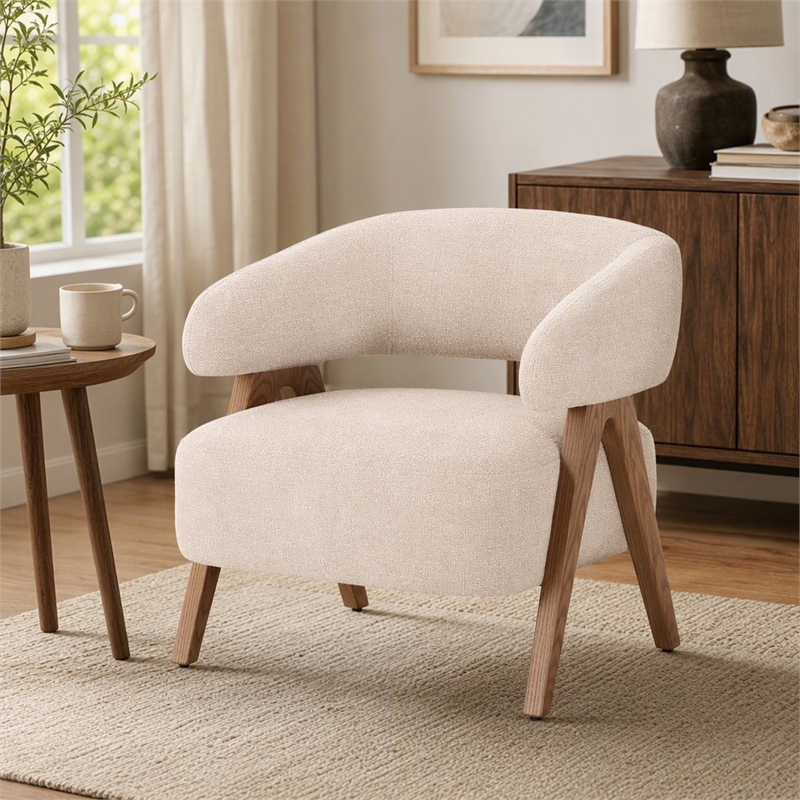 Pemberly Row Mid-Century Modern Beige Fabric Accent Chair with Ash Legs