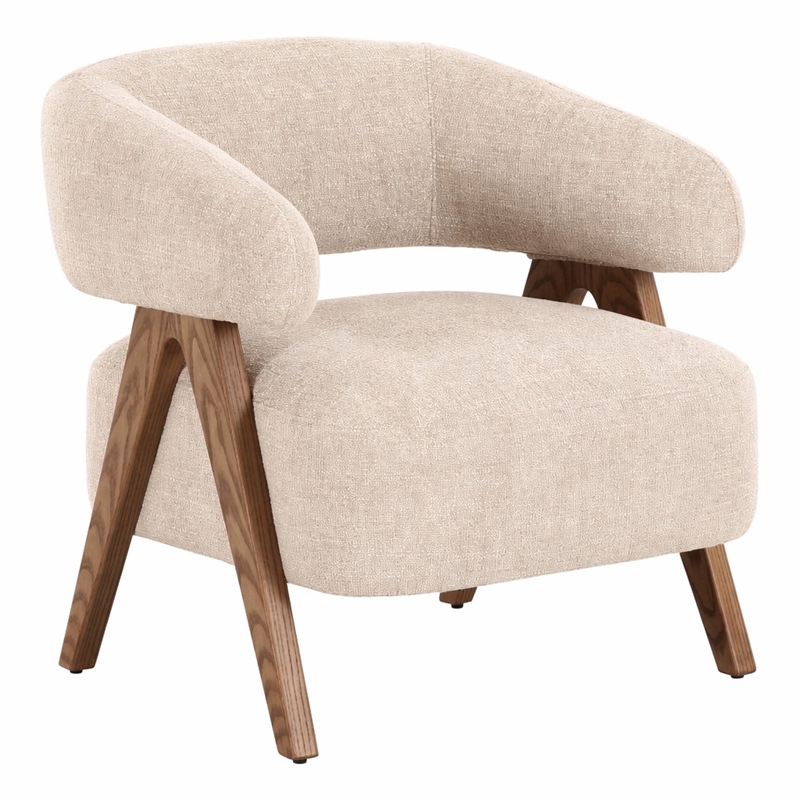 Pemberly Row Mid-Century Modern Beige Fabric Accent Chair with Ash Legs