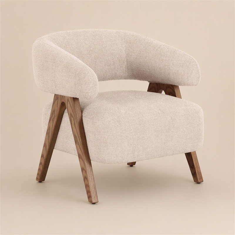 Pemberly Row Mid-Century Modern Beige Fabric Accent Chair with Ash Legs