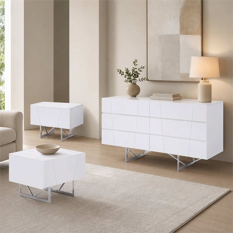 Pemberly Row White Dresser and Two Nightstands Set in High Gloss Finish