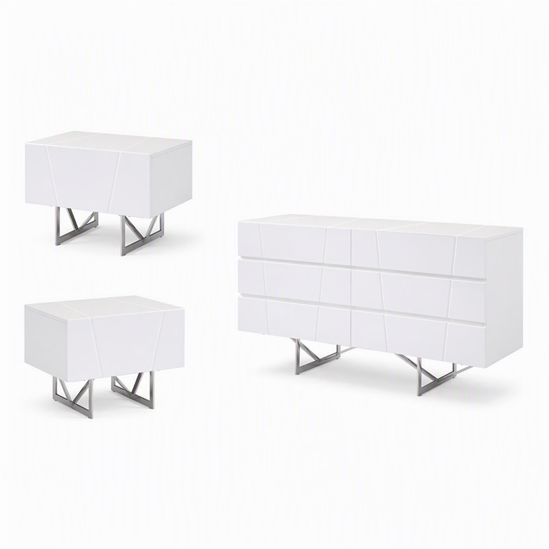 Pemberly Row White Dresser and Two Nightstands Set in High Gloss Finish
