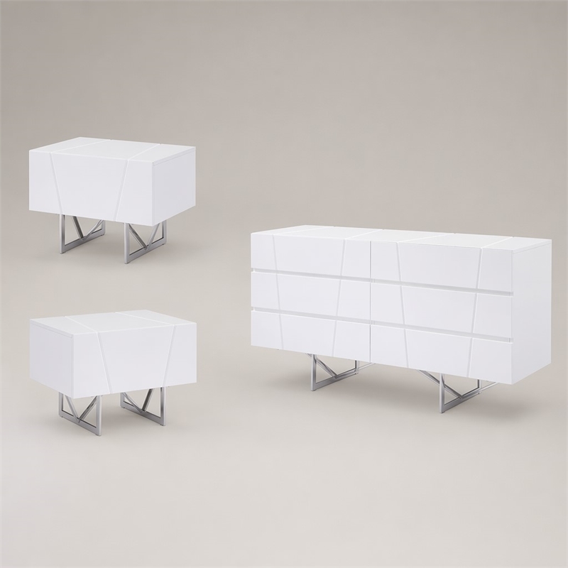 Pemberly Row White Dresser and Two Nightstands Set in High Gloss Finish