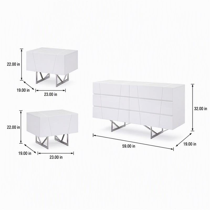 Pemberly Row White Dresser and Two Nightstands Set in High Gloss Finish