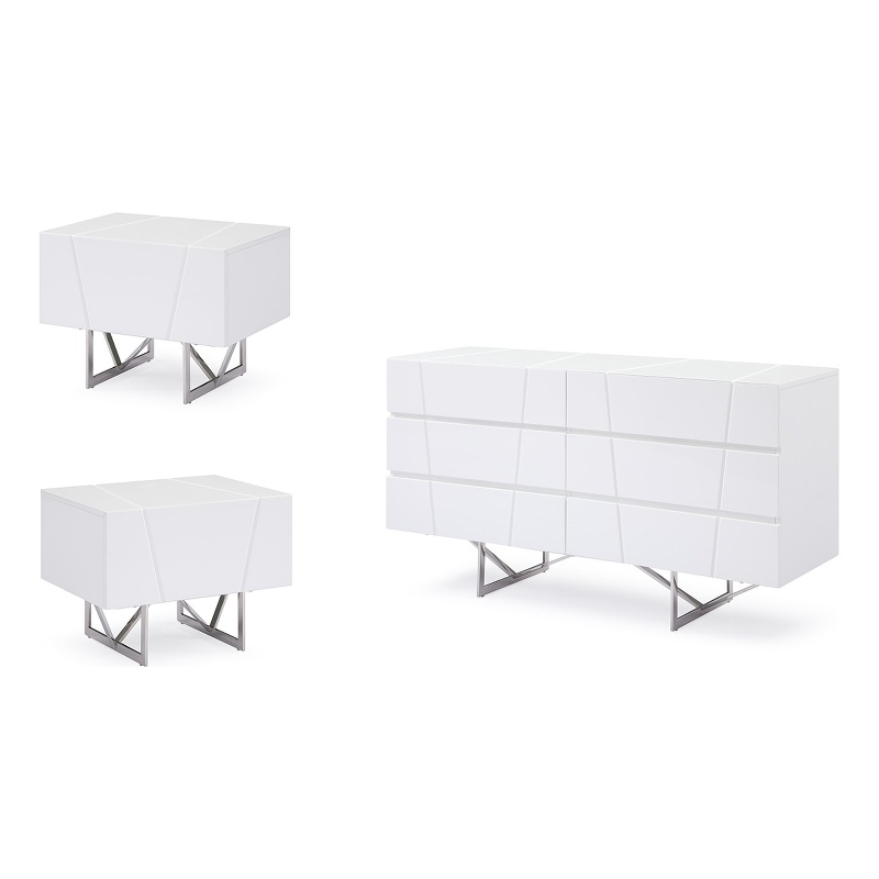 Pemberly Row White Dresser and Two Nightstands Set in High Gloss Finish