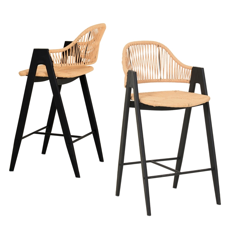 Pemberly Row Modern Rattan Counter Stool Set of 2 in Black Finish